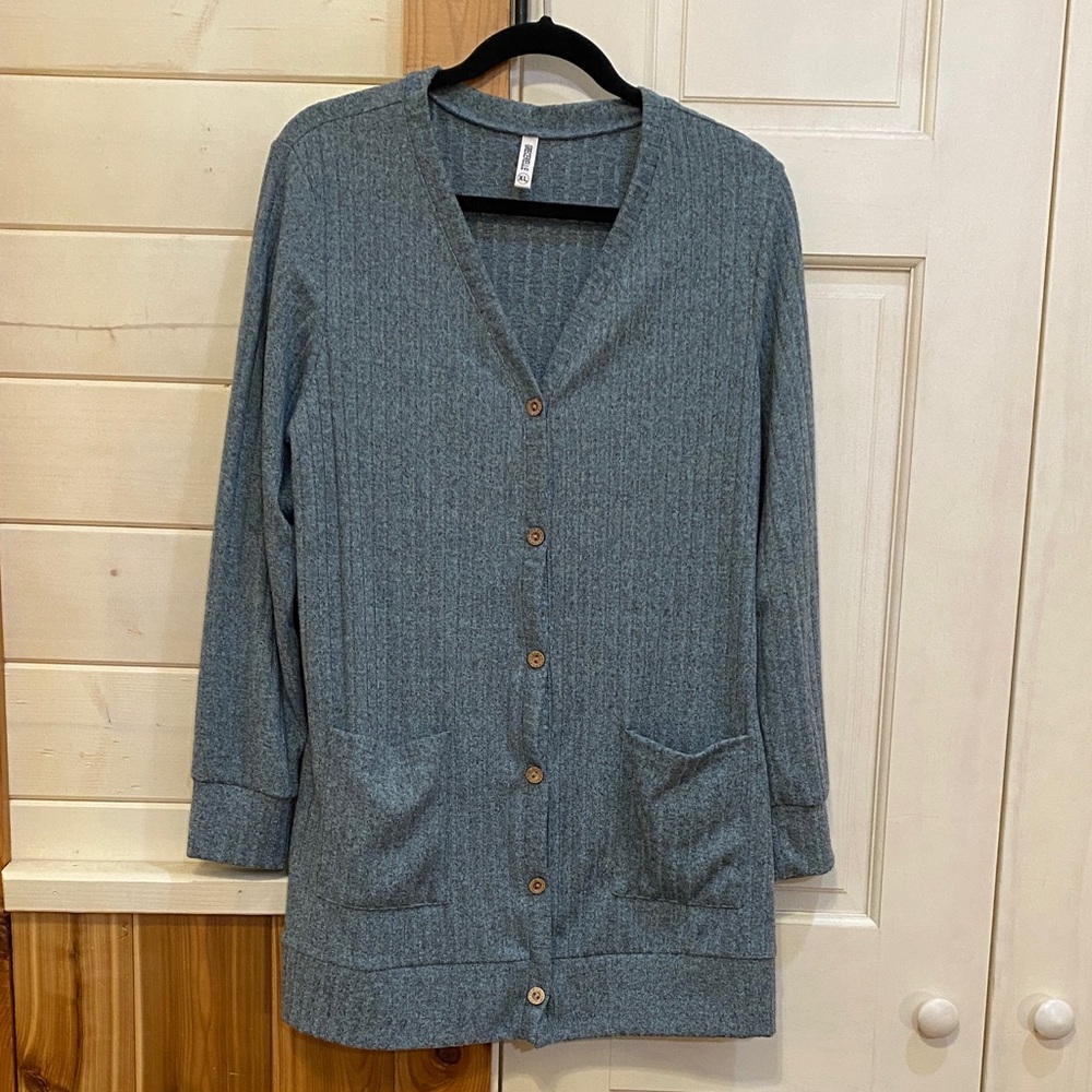 Gray Ribbed Button-Front Cardigan with Pockets